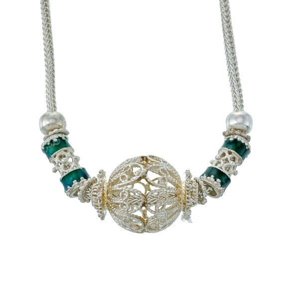 Vintage Artisan Sterling Silver 925 Green Enamel Beaded Wheat Chain Necklace 16" - Picture 2 of 5